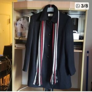 Monroe & Main Elegant Black Wool/Polyester Pea Coat with Striped Scarf SZ M